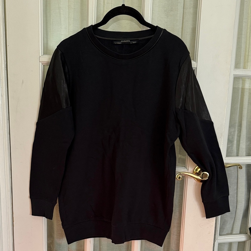 AllSaints Mei Black Sweatshirt w/ Genuine Leather - Small